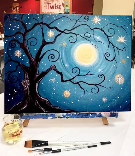 Canvas Painting Tutorials, Cute Canvas Paintings, Easy Canvas Painting, Canvas Painting Diy, Arte Sketchbook, Nature Art Painting, Creative Painting, Night Painting, Diy Canvas Art Painting