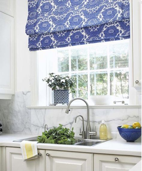 Blue Roman Shades, Kitchen Window Treatments Ideas, Blue White Kitchens, Window Treatments Ideas, Classic White Kitchen, White Kitchen Remodeling, Blue White Decor, Kitchen Window Treatments, Over The Sink