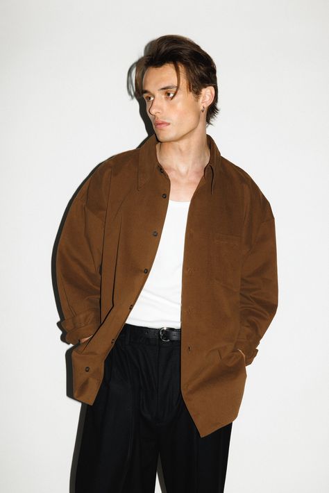 Del Rey Oversized Shirt | Chocolate Brown Button Down Shirt Outfit, Men Date Outfit, Brown Shirt Outfit Men, Brown T Shirt Outfit, Brown Oversized Shirt, Male Model Outfits, Earthtone Outfits, Brown Shirt Outfit, Oversized Shirt For Men