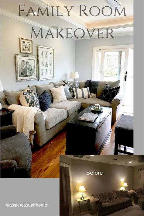 classic • casual • home: Blue and Gray Family Room Makeover Gray Family Room, Grey Family Rooms, Blue Family Rooms, Family Room Designs, Casual Family Rooms, Small Family Room, Family Room Inspiration, Family Room Makeover, Home Tips And Tricks