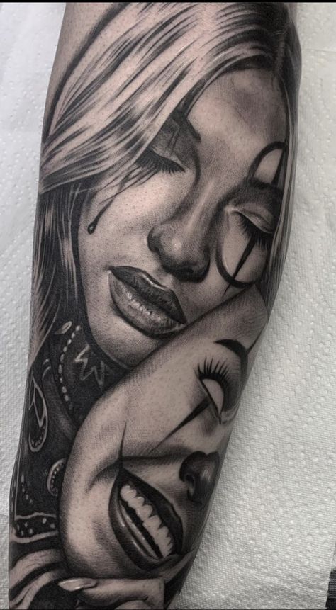 Half Female Face Tattoo Ideas, Female Face Tattoo Ideas For Men, Womens Face Tattoo Sleeve, Masked Face Tattoo, Face With Mask Tattoo, Realistic Tattoo Women, Masked Woman Tattoo, Woman Face Tattoo For Men, Woman With Mask Tattoo