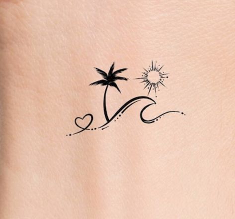 Beach Waves Tattoo, Wrist Beach Tattoo, Ankle Beach Tattoos For Women, Wave Tattoo On Foot, Beachy Tattoos Small Ankle, Palm Tree Wave Tattoo Ankle, Small Palm Tree And Wave Tattoo, Still I Rise Tattoo, Cool Wrist Tattoos