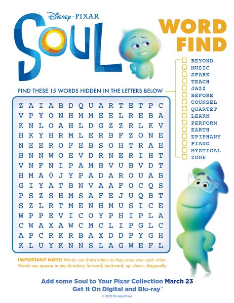 Disney Word Search, Pixar Soul, Soul Movie, Middle School Band, Disney Activities, Disney Word, Disney Movie Night, Mentor Program, Disney Printables