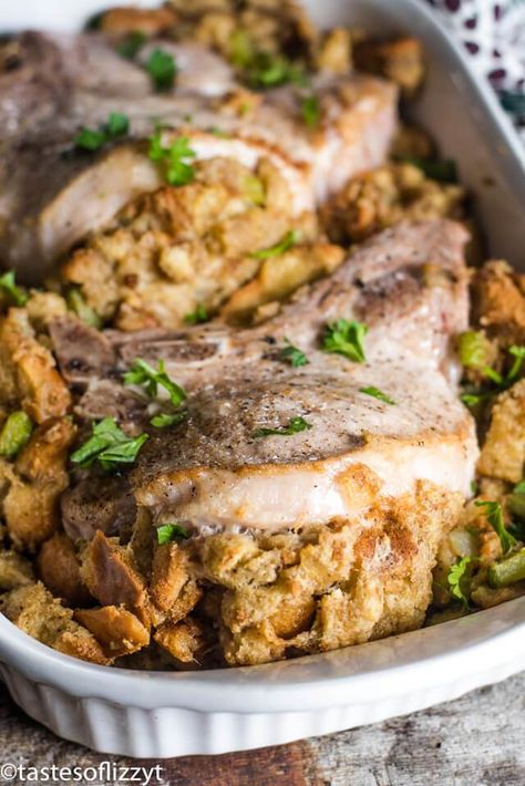 Stuffed Pork Chops with Savory Bread Stuffing. Learn how to make traditional savory stuffed pork chops. This easy dinner also makes a beautiful presentation for an alternative holiday dinner. Baked Stuffed Pork Chops, Easy Baked Pork Chops, Stuffed Pork Chops, Bread Stuffing, Pork Chop Recipes Baked, Pork Chop Dinner, Stuffed Pork, Savory Bread, Crockpot Pork