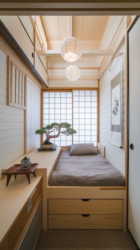 Learn how to design a Japanese style bedroom in your tiny house. Ideal for making the most of small spaces! #TinyHouseInterior #JapaneseStyle #SmallSpaces Small Beds For Small Rooms, Japanese Small Bedroom Design, Japan Minimalist House Interiors, Japanese Multifunctional Furniture, Korean Tiny Apartment, 80 Sq Ft Bedroom, Tiny Japanese Bedroom, Japanese Small Bedroom Ideas, Tiny Studio Ideas