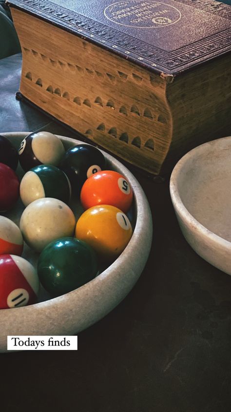 Vintage pool balls with some light reading. Vintage Pool Balls Decor, Pool Balls Decor, Pool Ball Decor, Vintage Pool, Billiard Ball, Grand Millennial, Pool Ball, Pool Games, Bedroom Remodel