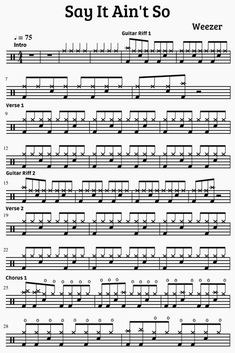 Say It Ain't So - Weezer - Drum songs sheet music - Yanick Drums Drum Notes Sheet Music, Drums Music Sheet, Drum Sheet Music Songs, How To Read Drum Sheet Music, Drums Sheet Music, Easy Drum Songs, Drum Music Sheet, Drums Songs, Drum Songs