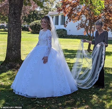 Something borrowed! Woman, 23, wears 88-year-old grandmother's wedding dress from 1961 | Daily Mail Online Hoop Skirt Wedding Dress, Skirt Wedding Dress, Hoop Skirt, Bridal Musings, Something Borrowed, The Basement, Lace Wedding Dress, Tie The Knots, Stunning Dresses