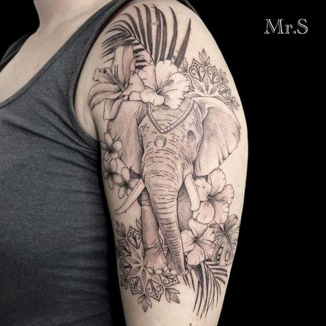 Shoulder Tattoos For Women Elephants, Safari Half Sleeve Tattoo, Elephant Arm Sleeve Tattoo, Elephant And Flowers Tattoo, Elephant Half Sleeve Tattoos For Women, Elephant And Flowers Tattoo Design, Elephant Tattoos Arm Half Sleeves, Safari Tattoo Sleeve Women, Elephant Tattoos With Flowers Half Sleeves