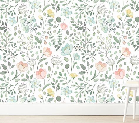 Wallpaperie Posey Wallpaper | Pottery Barn Kids Colorful Peel And Stick Wallpaper, Painted Flowers On Wall, Pastel Wall Decals, Where To Buy Wallpaper, Mirrored Wallpaper, Painted Flowers, Hand Painted Flowers, Pastel Shades, Summer Wallpaper