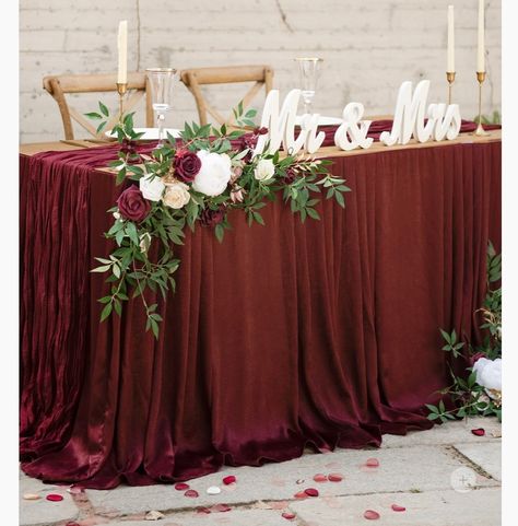 Burgundy Wedding Sweetheart Table, Mr And Mrs Table Burgundy, Bride And Groom Table Burgundy, Burgundy Head Table Wedding, Me And Mrs Table Wedding Ideas, Red Sweetheart Table, Square Wedding Tables, Wine Red Bridesmaid Dresses, Deep Red Wedding