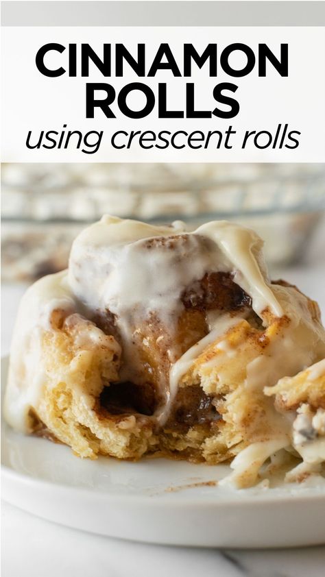 These crescent roll cinnamon rolls are perfect for when you're craving homemade cinnamon rolls but want to skip the work. Made from store-bought crescent roll dough, each cinnamon roll is extra soft, generously filled with a delicious cinnamon swirl and topped with tangy cream cheese frosting. They're sure to become a family favorite in no time! #cinnamonrolls #crescentrollrecipes #crescentrollcinnamonrolls #pillsbury Crescent Cinnamon Roll Recipes, Crescent Dough Sheet Cinnamon Rolls, Crescent Roll Cinnamon Rolls, Crescent Roll Cinnamon, Quick Cinnamon Rolls, Cinnamon Crescent Rolls, Crescent Dough Sheet, Cinnamon Roll Bake, Crescent Recipes