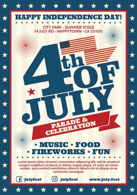 4 of JULY POSTER 4th Of July Graphics, 1960s Posters, Poster Template Free, Menu Inspiration, Marketing Poster, Key Visual, Event Flyer Templates, Event Flyers, Poster Layout