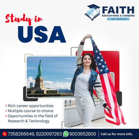 Study in USA, Rich career opportunities, Multiple course to choice, Opportunities in the field of Research & Technology #Faith #educations #UG #PG #study #abroad #countries #career #Admissionopen #USA #degree #bachelor #master #PhD #IELTS #Scholarships #counseling Study In Usa, Master Degree, Career Education, Career Opportunities, Study Abroad, Counseling, Career, Technology, Education