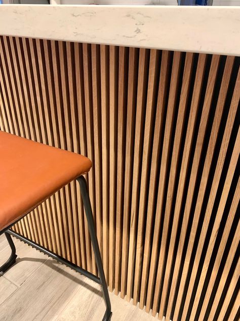 Slat Wall Kitchen, Wood Slat Kitchen Island, Wood Slat Kitchen, Wall Kitchen Island, Oak Slat Wall, Wood Slat Wall, Hawaii Homes, Slat Wall, Design Strategy