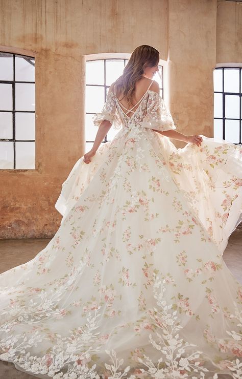 Josephine Scott - Elora | All About Eve Flowery Wedding Dress, Modern Ballgown, British Wedding Dresses, Luxury Romance, Elegant Maxi Dresses, Floral Wedding Gown, British Wedding, Printed Organza, Cape Wedding Dress