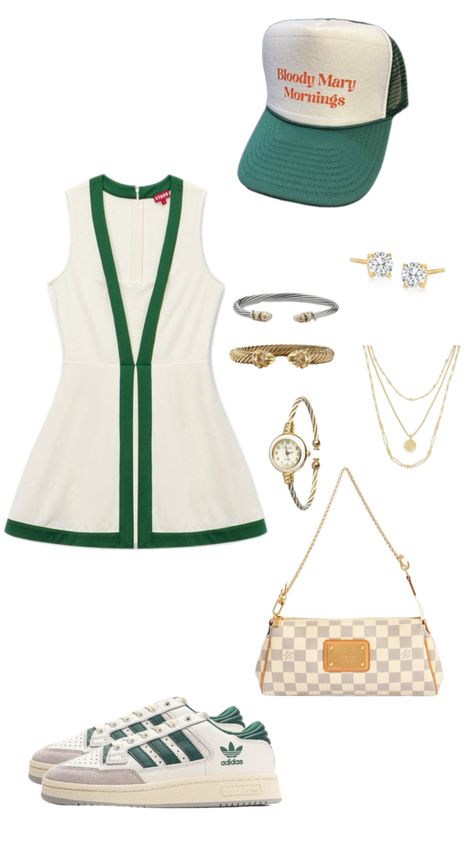 sunday outfit // tennis outfit // masters outfit // white and green outfit// brunch outfit// trucker hat outfit // david yurman // adidas // brunch outfit // bloody mary’s hat // funny hat // Brunch Outfit With Hat, Tailgate Outfit Green, Green Tennis Outfit, Casual Summer Tennis Hat, Ryder Cup Outfit, Summer Green Tennis Skirt Athleisure, White And Green Outfit, Masters Outfit, Trucker Hat Outfit