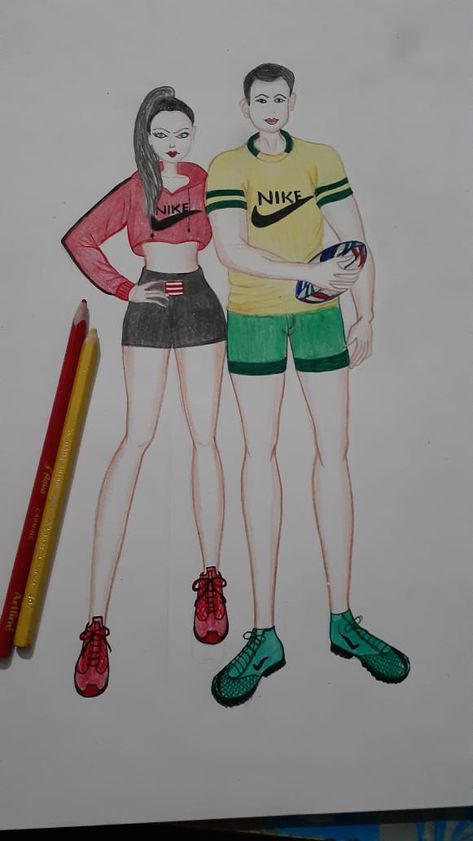 Sports Outfits Drawing, Sports Wear Sketch, Casual Wear Illustration Sketches, Sports Wear Illustration Sketch, Sports Wear Fashion Illustration, Sports Wear Outfits, Couple Embroidery, Couple Poses Drawing, Sports Wear Fashion