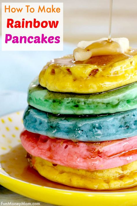 Rainbow Pancakes - Your kids are going to love this easy pancake recipe! It's a fun breakfast but also makes a fun brunch recipe too! #pancakes #rainbowfood #rainbowpancakes #breakfast Kid Pancake Ideas, Rainbow Pancake Cake, Easy Baby Pancake Recipe, Cute Pancakes For Kids, Pride Brunch, Easter Pancakes Breakfast Kids, Camping Breakfast Ideas, Pancake Ideas, Easy Pancake Recipe