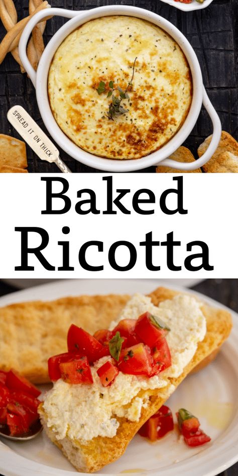 Baked Ricotta Cheese, Appetizers Italian Appetizer Ideas, Italian Nibbles Party Appetizers, Classic Italian Appetizers, Ricotta Side Dish, Ricotta Recipes Appetizers, Savory Ricotta Recipes, Ricotta Cheese Appetizer Recipes, Baked Ricotta Recipes