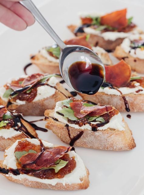 Goat Cheese With Fig Jam, Goat Cheese Fig Jam, Goat Cheese Fig, Prosciutto Crostini, Fig Prosciutto, Prosciutto Appetizer, Crostini Toppings, Honey Goat Cheese, Lilypad Cottage