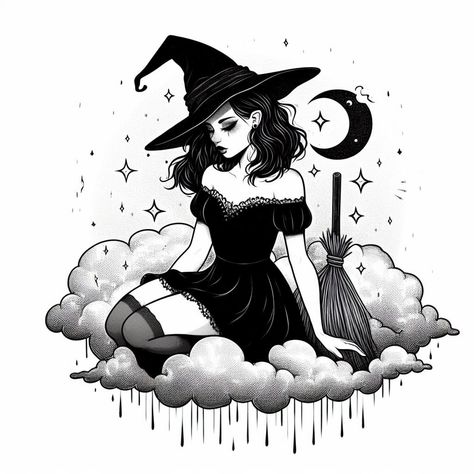 Witch On Moon Tattoo, Dark Witch Drawing, Dark Witch Tattoo, Witch Drawing, Halloween Wallpaper Cute, Witch Tattoo, Dark Witch, Moon Witch, Halloween Artwork