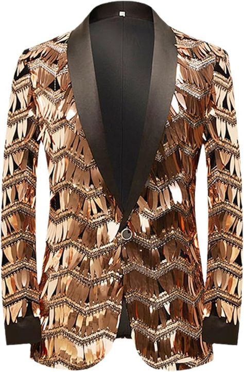 Mens Wave Striped Gold Sequin Blazer Jacket Shawl Lapel One Button Shiny Wedding Party Suit Jackets Dinner Tuxedo Blazer at Amazon Men’s Clothing store Gold Sequin Blazer, Sequin Suit, Prom Dinner, Gold Blazer, Sequin Blazer, Tuxedo Blazer, Prom Suits, Party Suits, Tassels Fashion