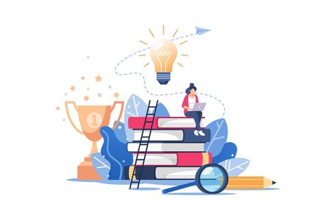 Online Education Vector Illustration. Person gains knowledge for success and better ideas. Education, online courses and business, distance education, online books and study guides, exam preparation, home schooling, vector illustration. Illustration Person, Circus Background, Education Vector, العمل الجماعي, غلاف الكتاب, Online Books, Isometric Design, Pola Kartu, Distance Education