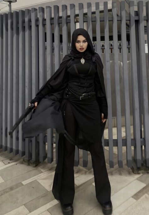 Goth Hijab Outfit, Goth Hijabi, Modest Goth, Mafia Costume, Pirate Larp, Spiritual Outfits, Halal Outfits, Punk Outfit, Hijab Inspiration