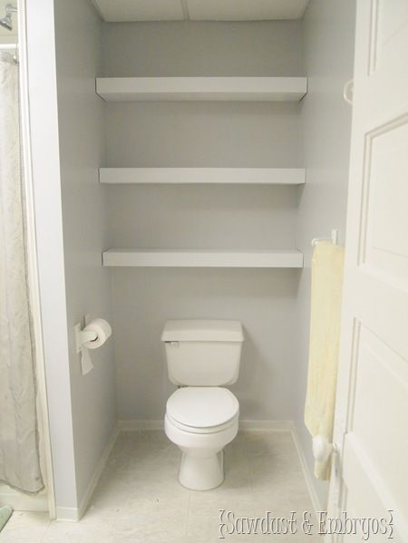 Floating Shelves over Toilet {Sawdust and Embryos} Shelves Toilet, Toilet Closet, Above Toilet, Shelf Toilet, Shelves Above Toilet, Bathroom Build, Shelves Over Toilet, Shelves Bathroom, Toilet Shelves