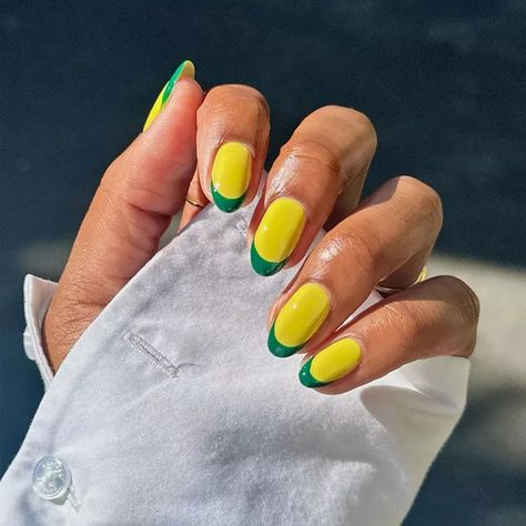 Tip Nail Ideas, French Tip Nail Ideas, Green French Tip, Lemon Nails, Gel French Manicure, Green French, Chrome Nails Designs, Manicure Inspiration, Colorful French