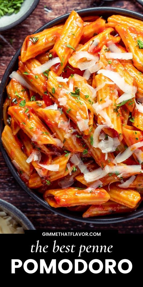 This penne pomodoro is a delicious tomato based pasta packed with flavor and fresh herbs. It's super easy to make and ready in 20 minutes! | gimmethatflavor.com Tomato Based Pasta, Penne Pomodoro, Italian Red Sauce, Pomodoro Recipe, Pasta Pomodoro, Delicious Vegetarian Dinner, Penne Pasta Recipes, Pasta Noodle Recipe, Tomato Basil Pasta