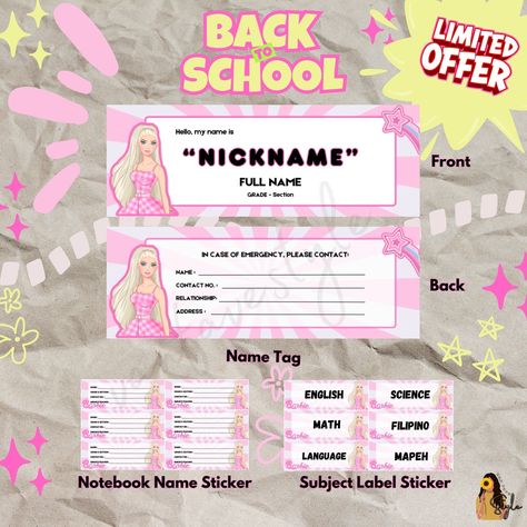 Notebook Subject Labels Printable, School Name Tag Design, Name Tag Design Ideas, School Name Tag, Student Name Tags, School Name Labels, Notebook Labels, Name Tag For School, Name Tag Templates