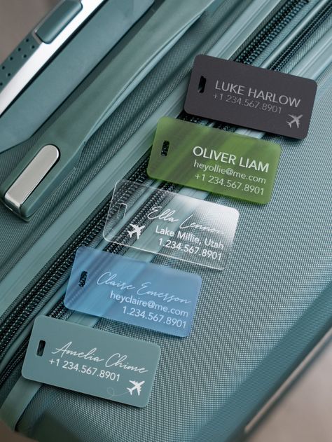 "This listing is for one engraved acrylic luggage tag which is sure to make your bag stand out in a crowd. These personalized bag tags make the perfect gift for the traveler, the newlyweds, or the recent graduate. Hoping to order these as wedding favors or gifts for your wedding party? Send us a message for a custom order. + D E T A I L S + + material: acrylic + finish: glossy (with the exception of the matte and frosted colors) + approximate measurements: 3\" x 1.5\" + thickness: 1/8\" Please n Customized Luggage Tags, Acrylic Luggage Tags Diy, Luggage Tag Design Ideas, Cricut Luggage Tags, Bag Tag Design, Luggage Tag Design, Acrylic Luggage Tags, Luggage Tags Diy, Luggage Tag Designs