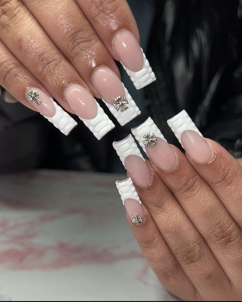 White Alligator French Tip Nails, White Medium French Tip Nails, Medium Length White French Tip Nails, Nail Art Rainbow, Dandelion Nail Art, Pink Tip Nails, Purple Acrylic Nails, Tapered Square Nails, Drip Nails