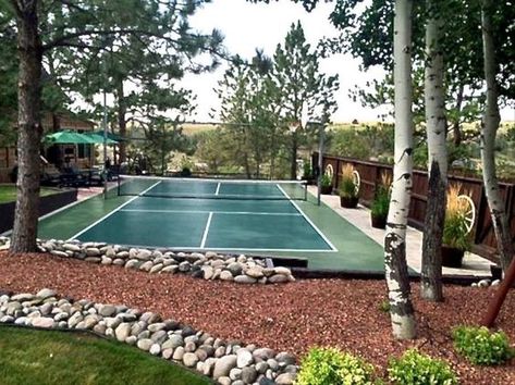 Fun Backyards, Backyard Pickleball Court, Tennis Court Backyard, Tennis Court Design, Backyard Court, Spike Ball, Basketball Court Backyard, Backyard Sports, Backyard Basketball