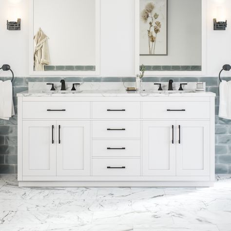 Master Vanity Ideas, Brushed Nickel And Black Hardware, 72 Inch Vanity Double Sinks, Dual Vanity Bathroom Ideas, 72 Inch Bathroom Vanity, 72 Inch Vanity, White Double Vanity, White Bathroom Vanity, Full Bathroom Remodel