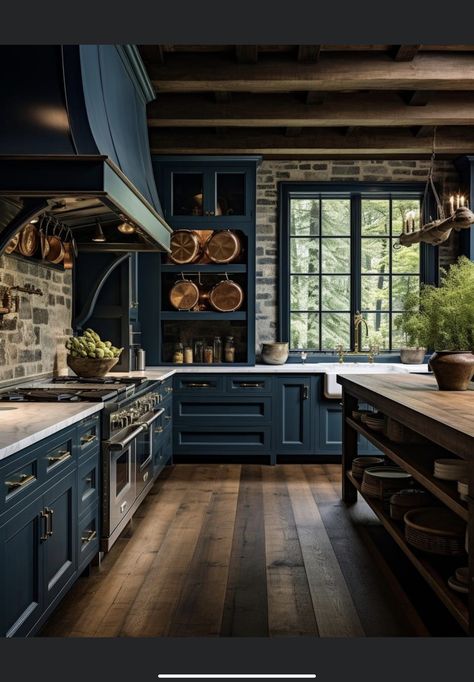 Blue Industrial Kitchen, Deep Blue Green Kitchen Cabinets, Mountain House Kitchen, 1950s Kitchen Remodel, Blue Kitchen Designs, Log Home Kitchens, Ranch Kitchen, Feature Wall Bedroom, Farm Kitchen