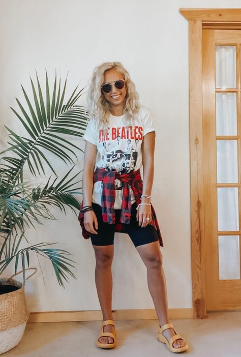 Liketoknow.it |Buffalo Plaid, Bike Shorts, Band Tee, + Teva Hurricane Sandals. Easy Lake Outfit. Biker Shorts And Band Tee, Graphic Tshirt Outfit Summer, Summer Colorado Outfits Casual, Spring Graphic Tee Outfits, Boho Funky Outfits, Easy Casual Outfits Summer, Summer Shopping Outfit Casual, Grafic Tee Outfits Summer, Band Tee Summer Outfit