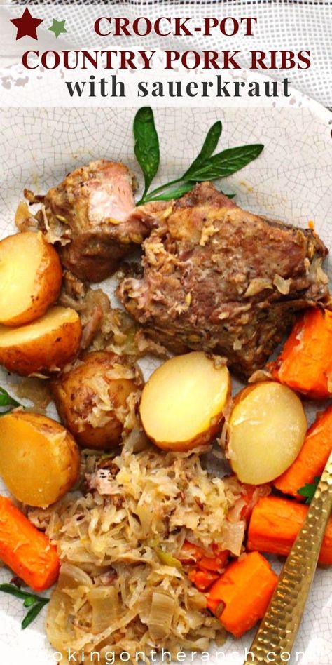 Crockpot Country Style Pork Ribs. Easy slow cooker pork ribs recipe. Layer potatoes, carrots, sauerkraut and apples in your slow cooker for this amazing pork dinner recipe. Comfort food at its best. An easy dinner recipe to serve the family on a cozy Fall night. #crockpot #slowcooker #porkribs Crockpot Country Style Pork Ribs, Crockpot Country Style Ribs, Layer Potatoes, Crockpot Rotisserie Chicken, Country Pork Ribs, Slow Cooker Pork Ribs, Pork Ribs Recipe, Slow Cooker Salsa Chicken, Slow Cooker Black Beans