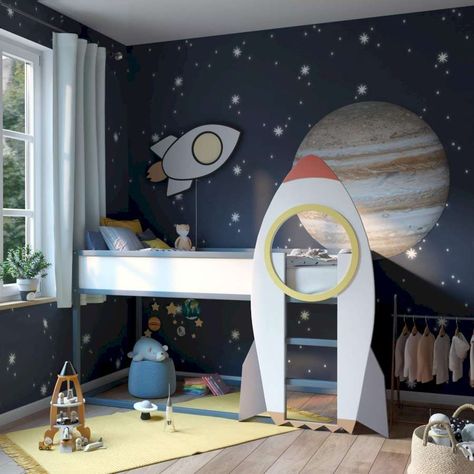 Elevate your kids' bedroom with these innovative ideas that combine style and functionality. Learn how to design a space that sparks their imagination. Don't miss our Amazon affiliate link for amazing decor choices. Your purchase helps us encourage more. Ikea Kura Bed Rocket, Bunk Bed Space Theme, Kids Bedroom Space Theme, Space Bedroom Boys, Space Room For Boys, Kids Room Space Theme, Space Kids Bedroom, Boys Space Room, Boys Space Bedroom