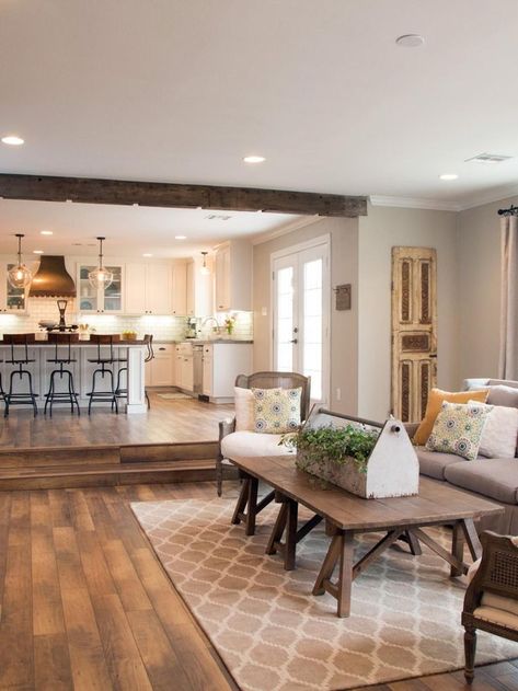 Farmhouse Living Room With Fireplace, Fixer Upper Living Rooms, Step Down Living Room, Fixer Upper Living Room, Open Concept Kitchen Living Room, Living Room Floor Plans, Fixer Upper Kitchen, Open Concept Kitchen And Living Room, Sunken Living Room