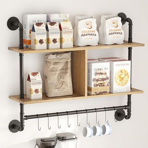 Amazon.com: MAIKAILUN Floating Pipe Shelves Coffee Bar Shelf with 9 Adjustable Hooks for Mugs Cooking Utensils or Towel for Kitchen Bathroom Rustic Hanging Metal Wall Shelves (36 Inch, 2 Tier) : Home & Kitchen Bookshelf Bathroom, Coffee Bar Shelf, Toilet Organizer, Over Kitchen Sink, Bathroom Rustic, Rustic Cafe, Kitchen Help, Bagel Shop, Metal Wall Shelves