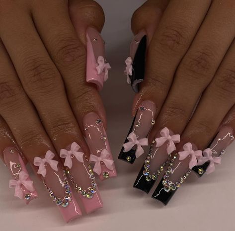 Cute Nails Acrylic Pink Girly, My Melody Acrylic Nails, Nails Acrylic Pink And Black, Nail Names Ideas, Black N Pink Nails, Hello Kitty Pink Nails, Pink Bday Nails, Cute Long Nails, Pink And Black Nails