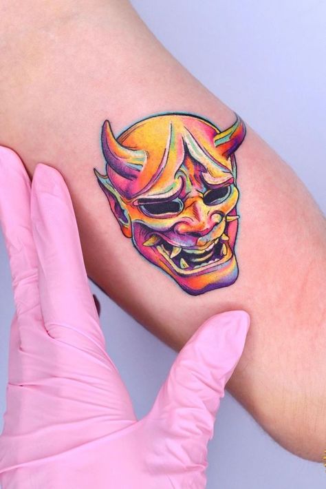 The Hannya Mask Tattoo - Get an InkGet an Ink Fancy Tattoo, Mask Tattoos, Japanese Mask Tattoo, Satanic Tattoos, Oni Mask Tattoo, Hannya Mask Tattoo, Green Tattoos, Surreal Tattoo, Hannya Mask