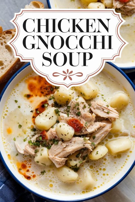 Chicken gnocchi soup with herbs and bread. Chicken Gnocchi Soup Recipe, Chicken Gnocchi Soup Olive Garden, Chicken Chili Crockpot, Chicken Gnocchi, Chicken Gnocchi Soup, Gnocchi Soup, Oven Chicken, Gnocchi Recipes, Rotisserie Chicken Recipes