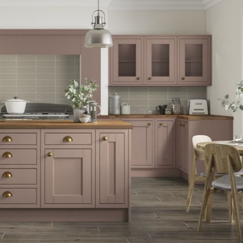 Mauve Kitchen Island, Soft Pink Kitchen Cabinets, Pale Pink Cabinets, Dusty Pink Cabinets, Pink Kitchen Units, Blush Pink Cabinets, Pink Shaker Kitchen, Pink Wood Kitchen, Blush Kitchen Cabinet