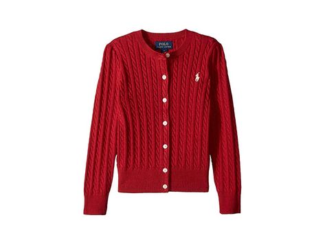 Polo Ralph Lauren Kids Cable-Knit Cotton Cardigan (Little Kids) (Park Avenue Red) Girl's Sweater. A classic layering essential and must-have addition to her adorable wardrobe. Lightweight and ultra-soft cable-knit cardigan featuring a signature embroidered pony at the left chest for a hint of heritage style. Ribbed crew neckline. Full button-up placket. Long sleeves with ribbed cuffs. Ribbed hem. 100% cotton. Machine wash cold #PoloRalphLaurenKids #Apparel #Top #Sweater #Red Polo Ralph Lauren Kids, Cable Cardigan, Ralph Lauren Kids, Heritage Fashion, Top Sweater, Polo Sweater, Cable Knit Cardigan, Park Avenue, Cotton Cardigan