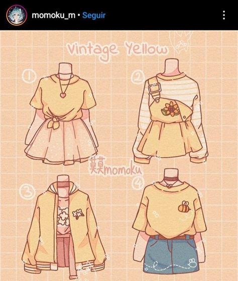 Chibi Outfits Clothes, Clothes Aesthetic Drawing, Clothes Drawing Outfits, Cute Yellow Outfits, Vintage Clothing Aesthetic, Chibi Clothes, Yellow Drawing, Cute Anime Outfits, Lukisan Fesyen