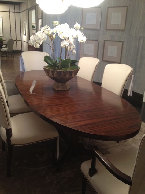 High Point Market 2012-Beautiful Oval Dining Table by Mr. and Mrs. Howard for Sherrill Furniture. Oval Dinner Table, Dinner Room Table, Oval Dining Room Table, Dark Wood Dining Table, Maple Table, Brass Console, Dining Area Decor, House Additions, Brass Console Table